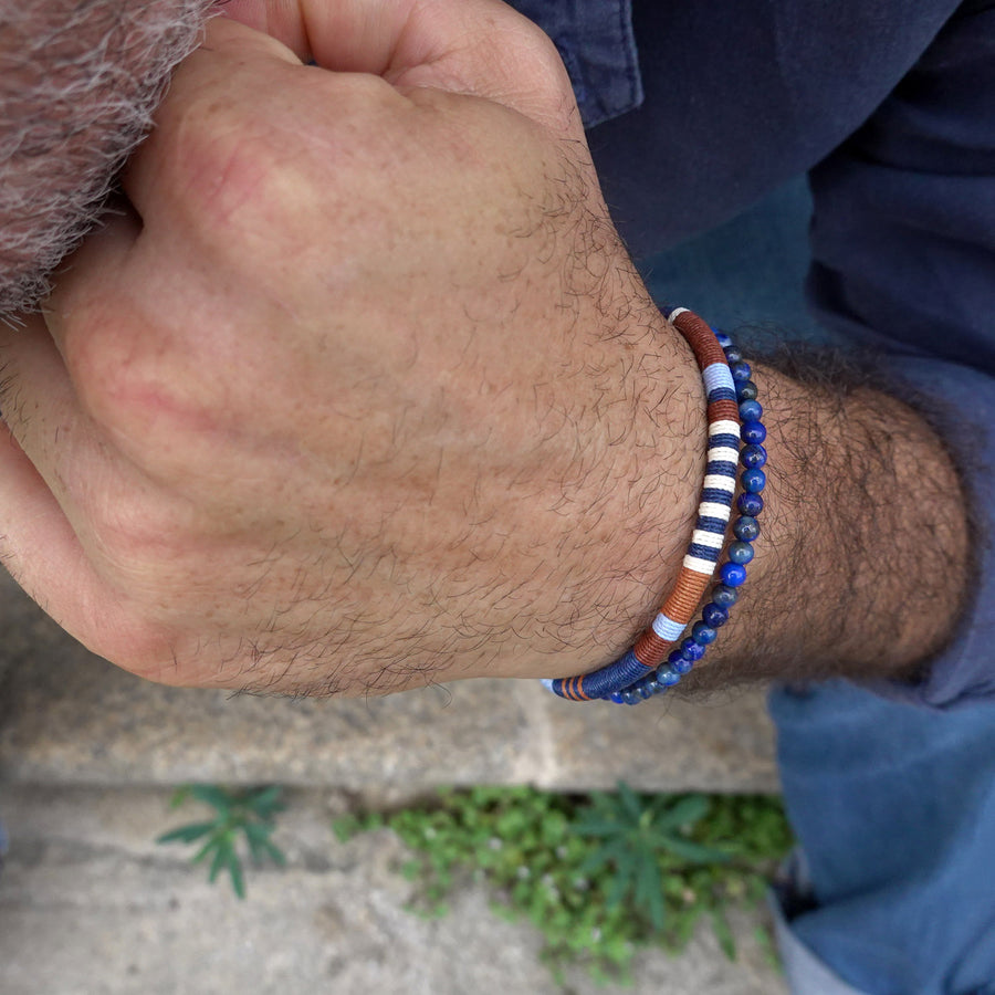 Men’s Double Wrap Beaded Bracelet · Lapis Lazuli & Woven Cord · HORACE Sky & Earth