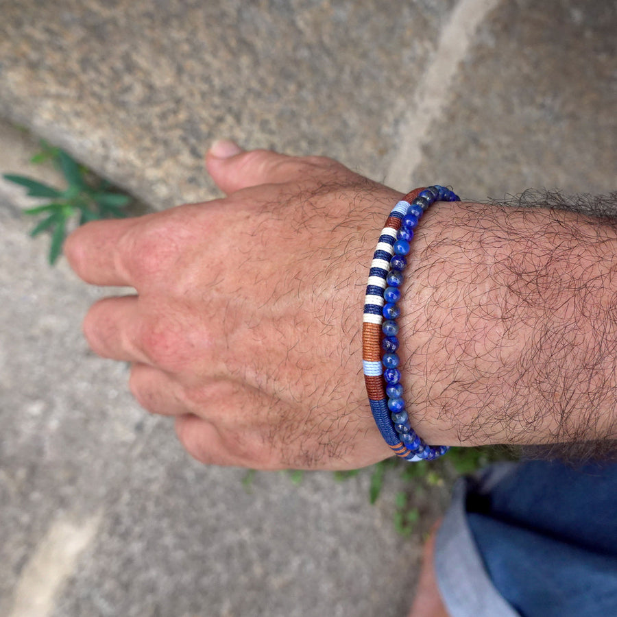 Men’s Double Wrap Beaded Bracelet · Lapis Lazuli & Woven Cord · HORACE Sky & Earth