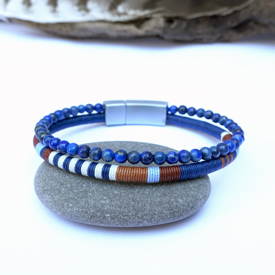 Men’s Double Wrap Beaded Bracelet · Lapis Lazuli & Woven Cord · HORACE Sky & Earth