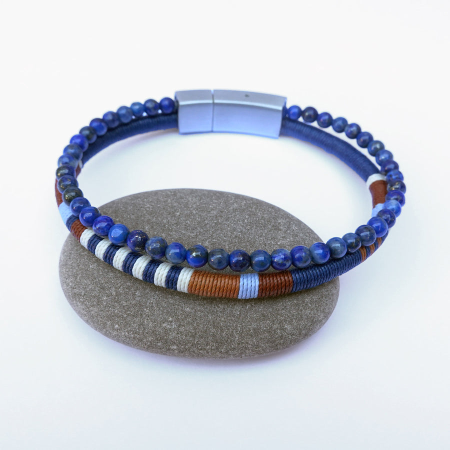 Men’s Double Wrap Beaded Bracelet · Lapis Lazuli & Woven Cord · HORACE Sky & Earth