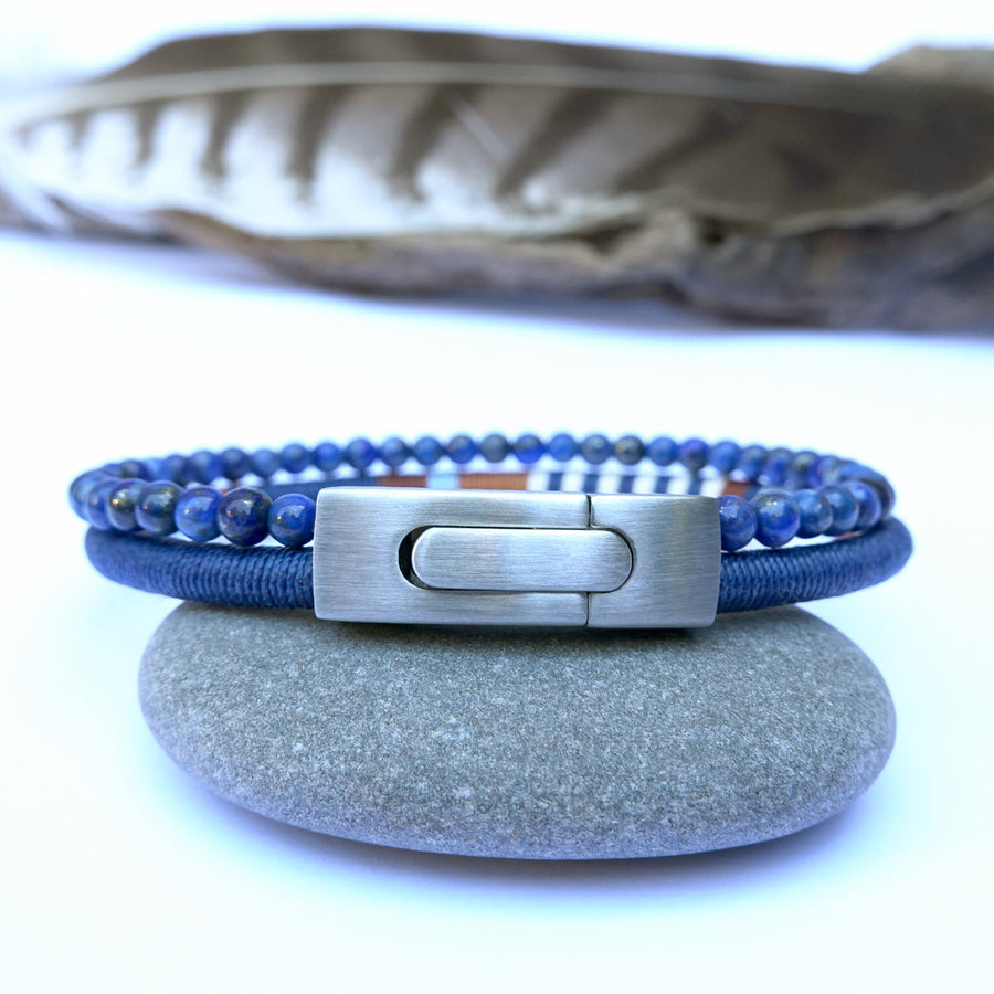 Men’s Double Wrap Beaded Bracelet · Lapis Lazuli & Woven Cord · HORACE Sky & Earth