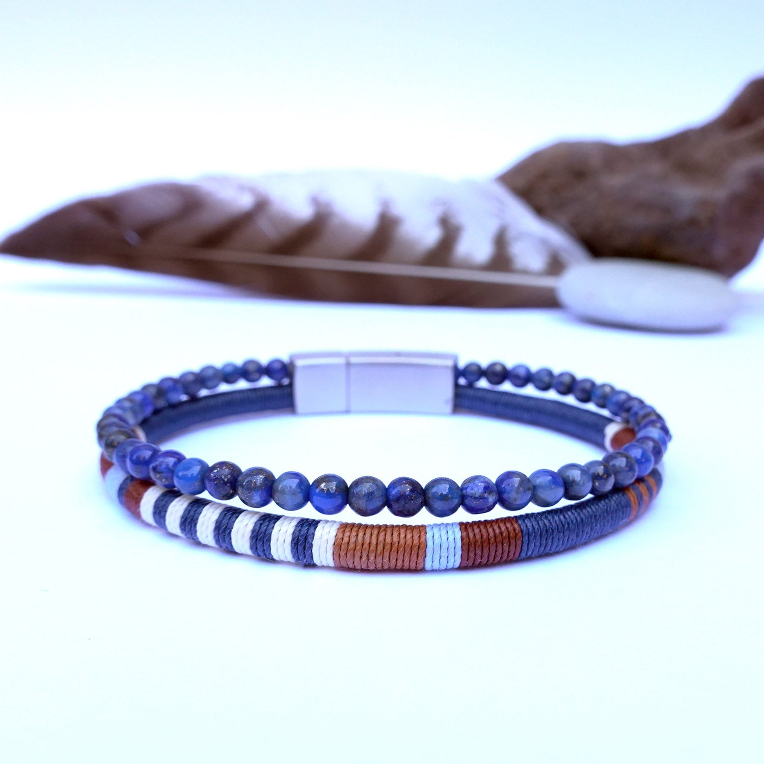 Men’s Double Wrap Beaded Bracelet · Lapis Lazuli & Woven Cord · HORACE Sky & Earth