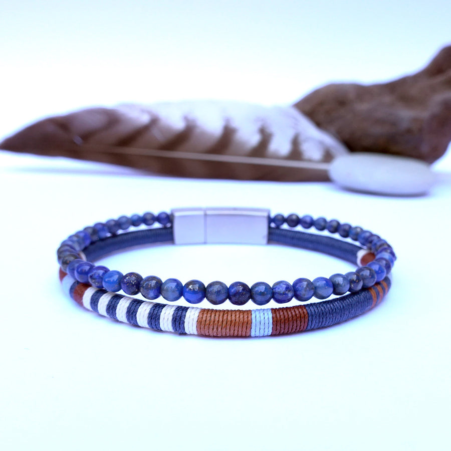 Men’s Double Wrap Beaded Bracelet · Lapis Lazuli & Woven Cord · HORACE Sky & Earth