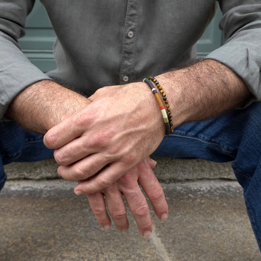 Bracelet Perles Homme Double Rang Œil de Tigre & Cordon Tissé · HORACE Forêt