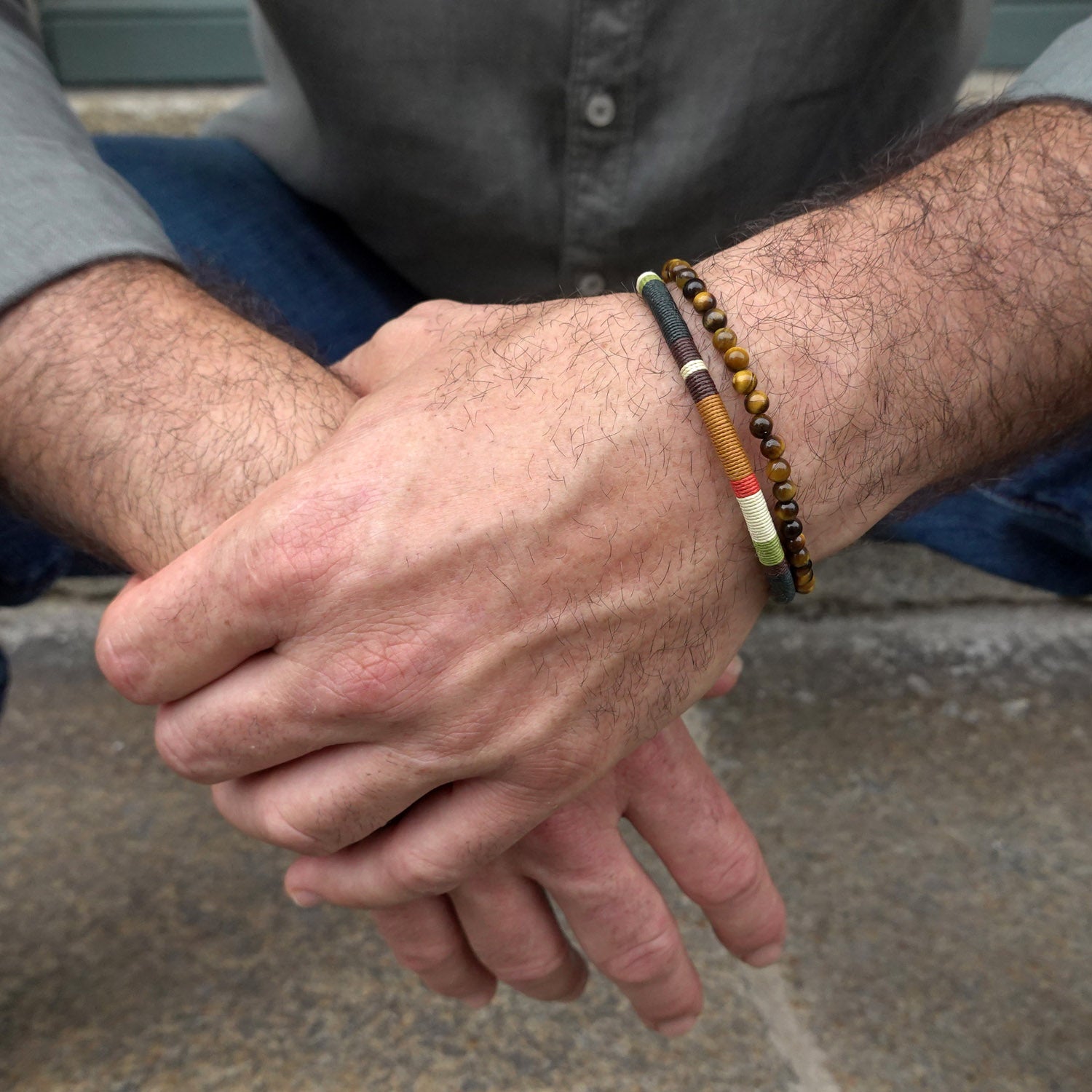Men’s Double Wrap Beaded Bracelet · Tiger’s Eye & Woven Cord · HORACE Forest