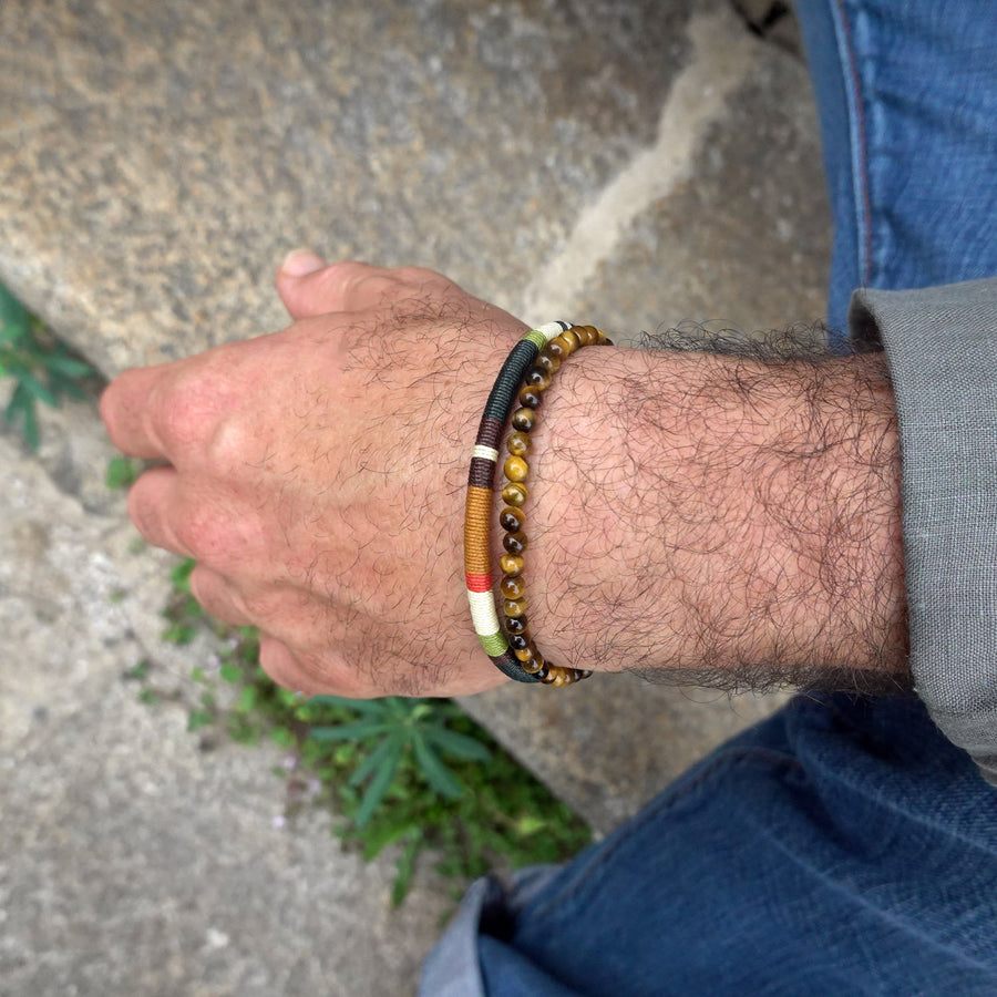 Bracelet Perles Homme Double Rang Œil de Tigre & Cordon Tissé · HORACE Forêt