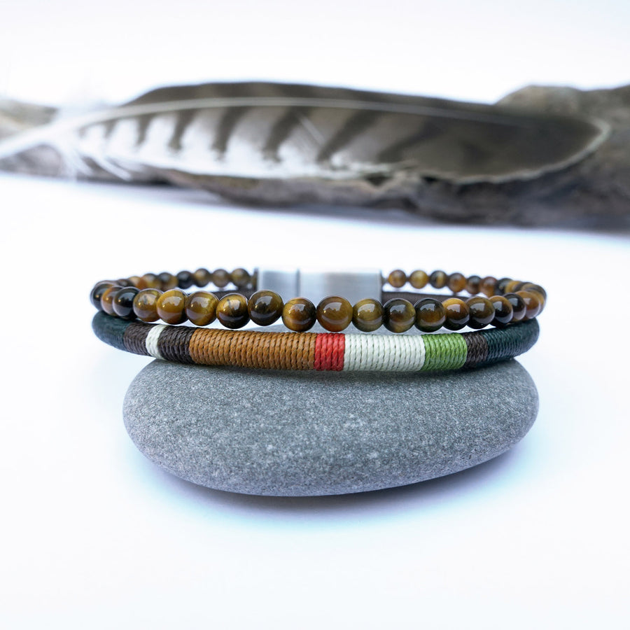 Bracelet Perles Homme Double Rang Œil de Tigre & Cordon Tissé · HORACE Forêt