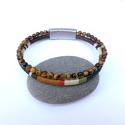 Bracelet Perles Homme Double Rang Œil de Tigre & Cordon Tissé · HORACE Forêt