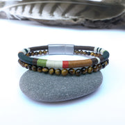 Bracelet Perles Homme Double Rang Œil de Tigre & Cordon Tissé · HORACE Forêt