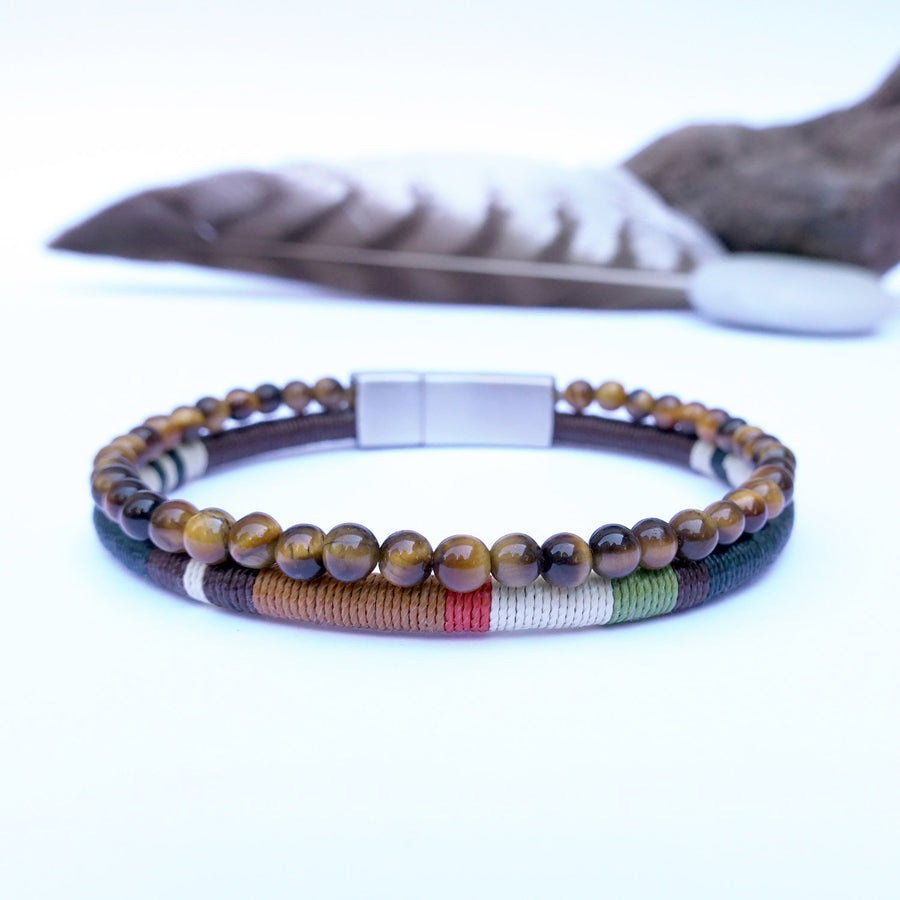 Bracelet Perles Homme Double Rang Œil de Tigre & Cordon Tissé · HORACE Forêt
