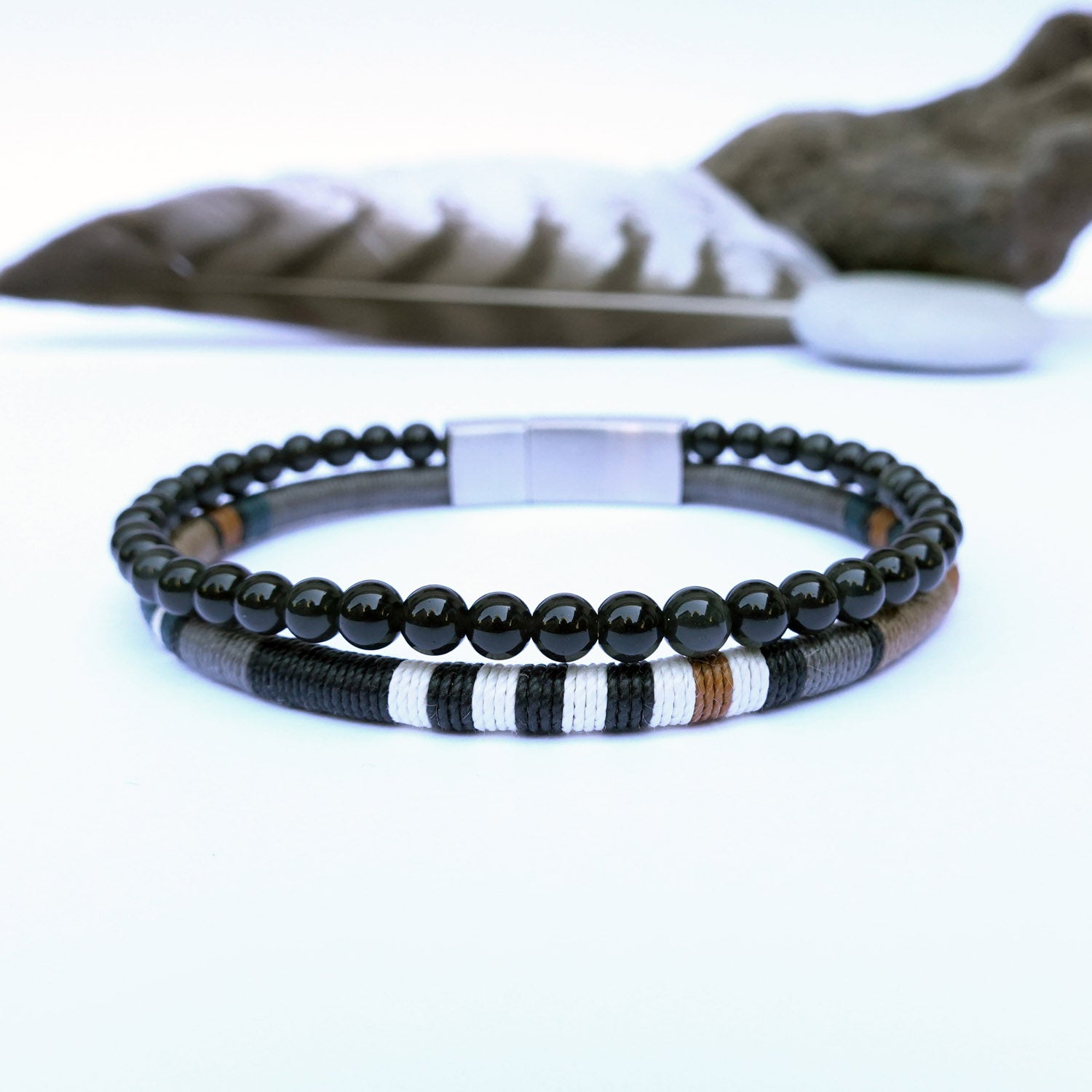 Men’s Double Wrap Beaded Bracelet · Obsidian & Woven Cord · HORACE Autumn