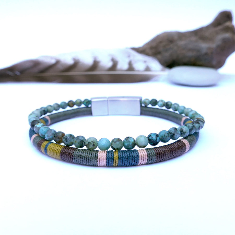 Men’s Double Wrap Beaded Bracelet · Turquoise & Woven Cord · HORACE Lichen