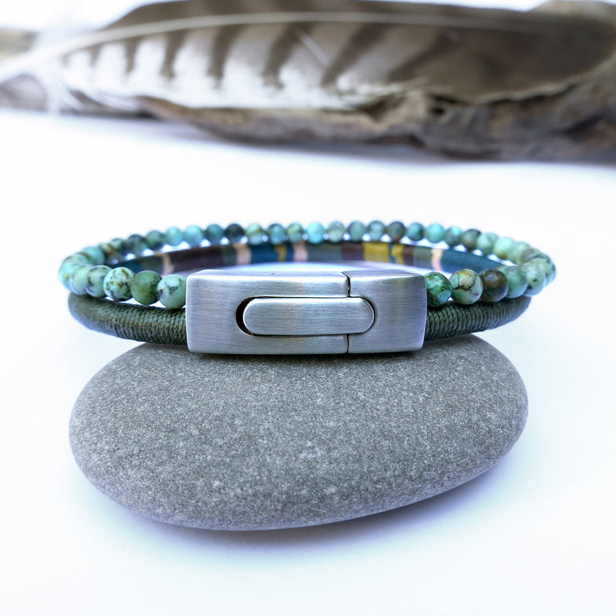 Men’s Double Wrap Beaded Bracelet · Turquoise & Woven Cord · HORACE Lichen
