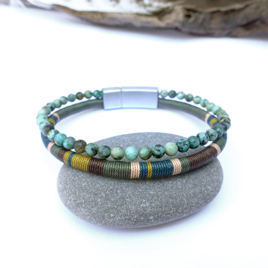 Men’s Double Wrap Beaded Bracelet · Turquoise & Woven Cord · HORACE Lichen