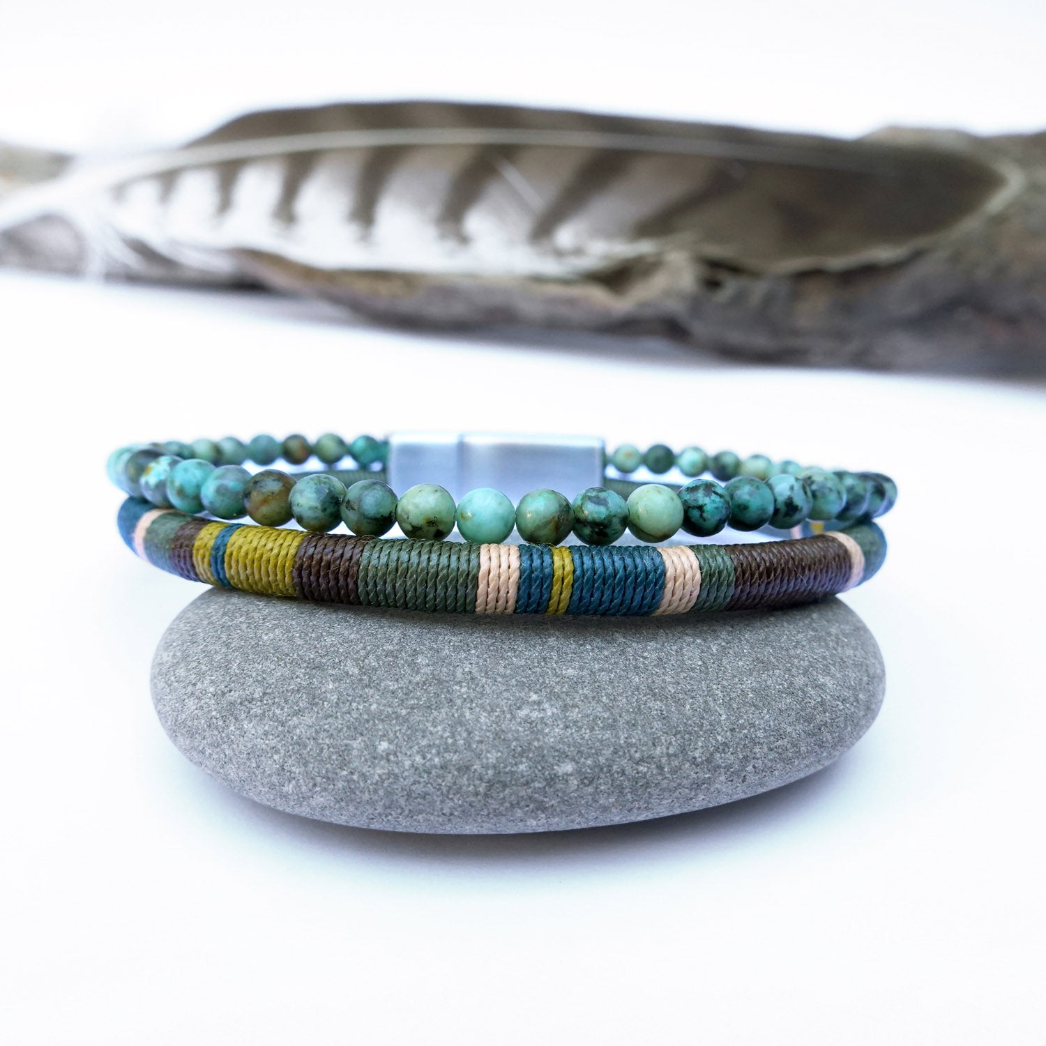 Men’s Double Wrap Beaded Bracelet · Turquoise & Woven Cord · HORACE Lichen