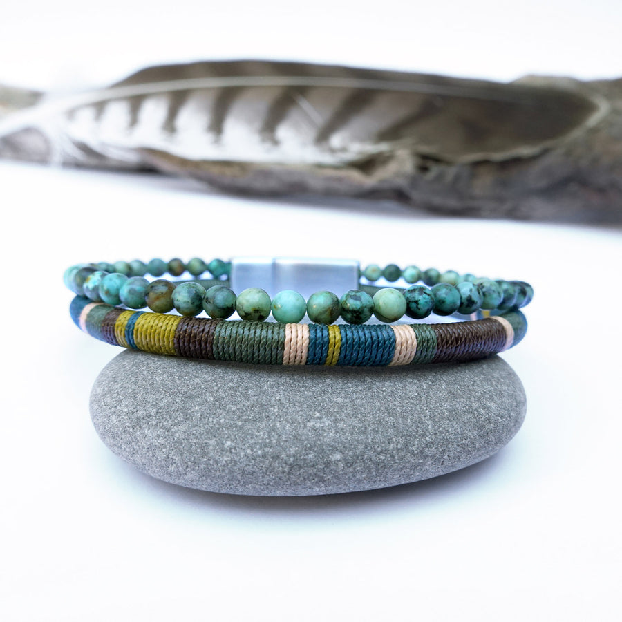 Men’s Double Wrap Beaded Bracelet · Turquoise & Woven Cord · HORACE Lichen