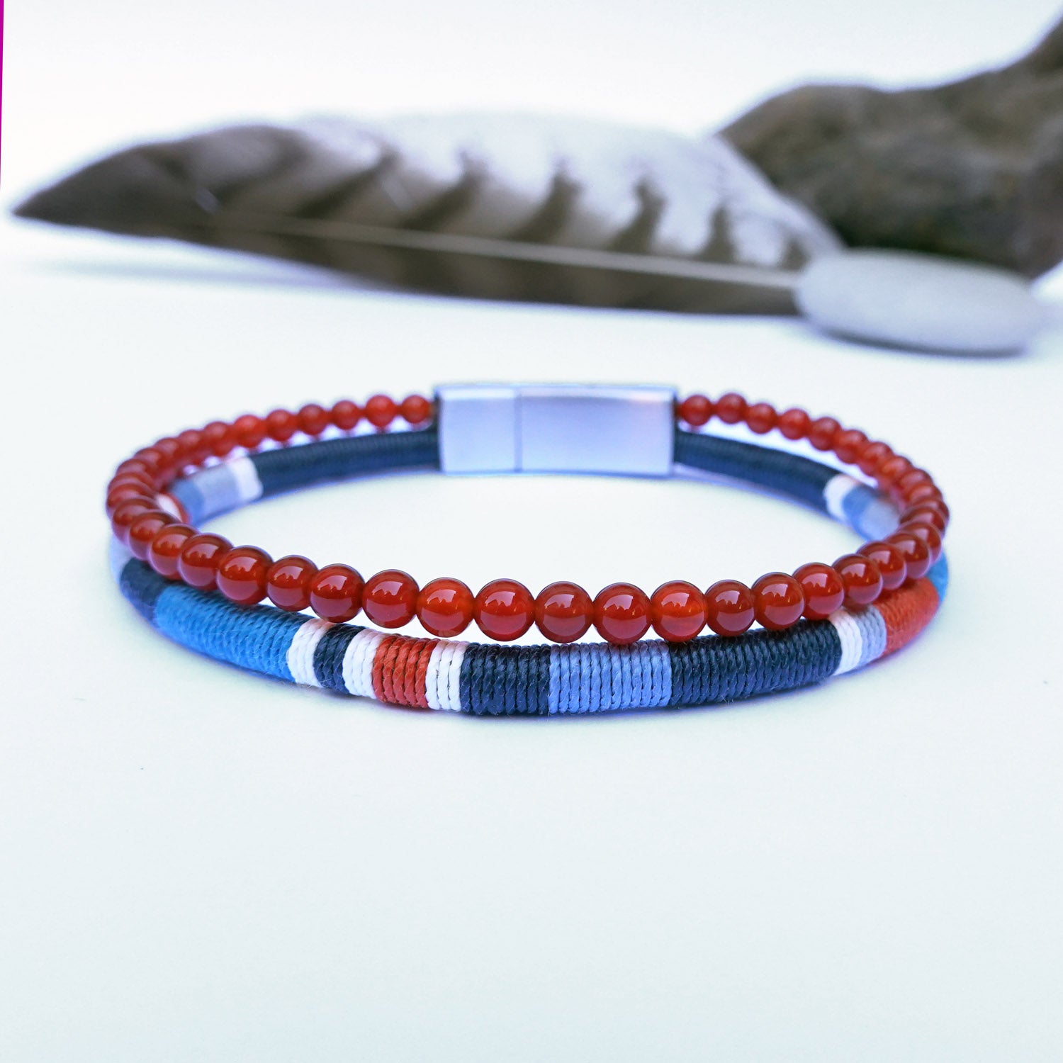 Men’s Double Wrap Beaded Bracelet · Carnelian & Woven Cord · HORACE Sunset