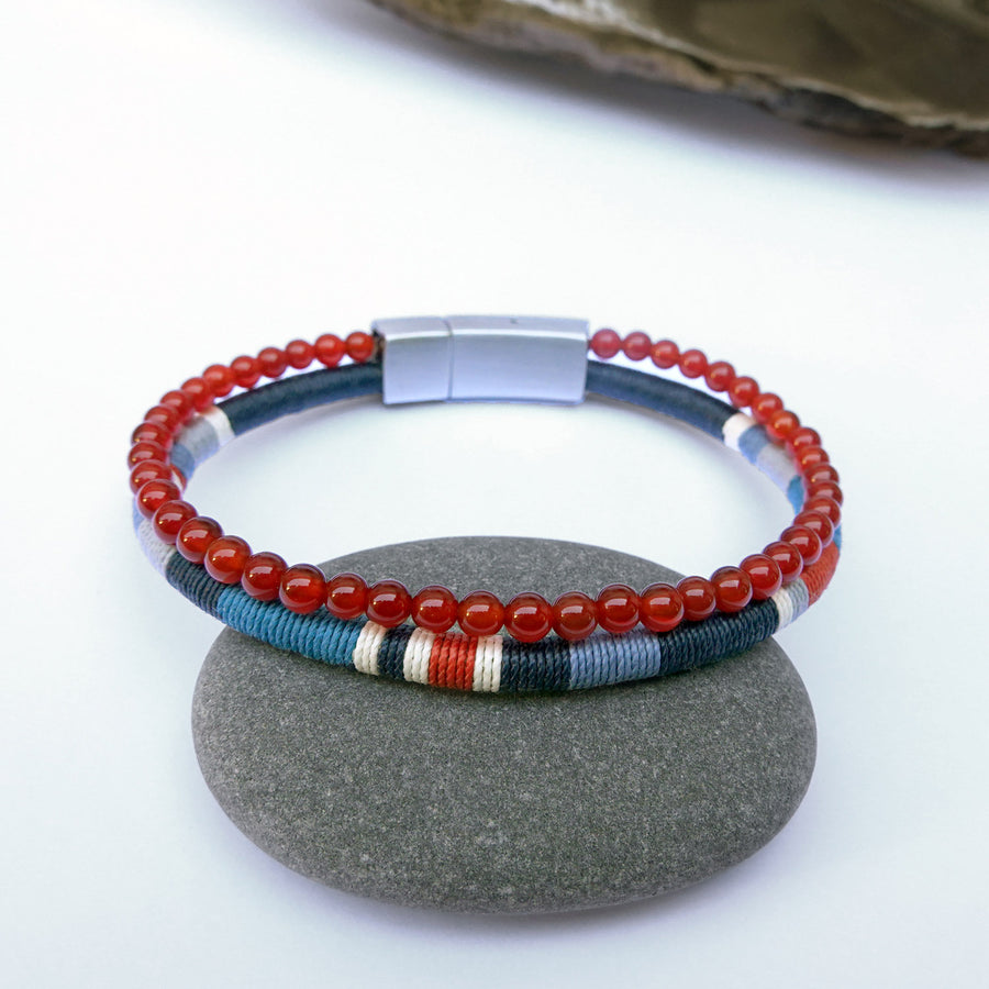 Bracelet Perles Homme Double Rang Cornaline & Cordon Tissé · HORACE Sunset