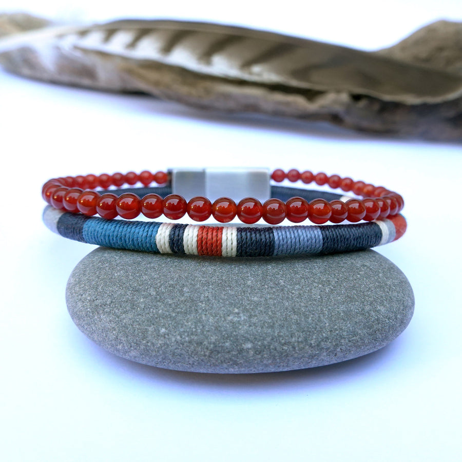 Bracelet Perles Homme Double Rang Cornaline & Cordon Tissé · HORACE Sunset